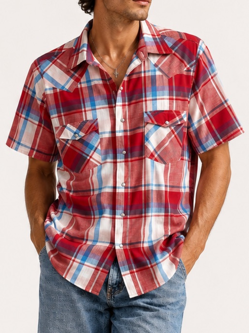 Casual Red Plaid Short-Sleeve pearl snap Shirt